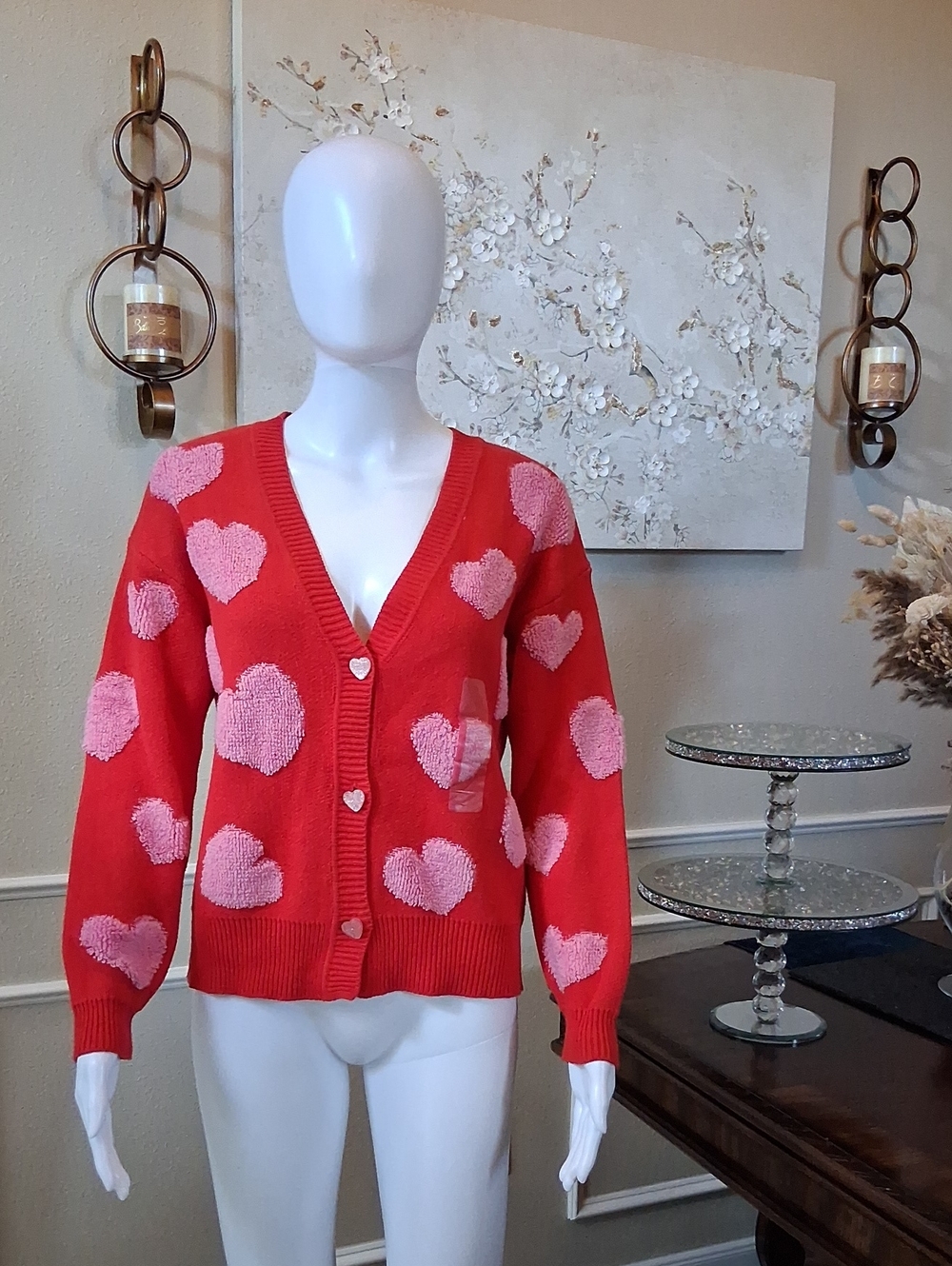 New Women's Heart Print V-neck Red And Pink Oversize Knit Glam Cardigan XXS - Picture 10 of 17